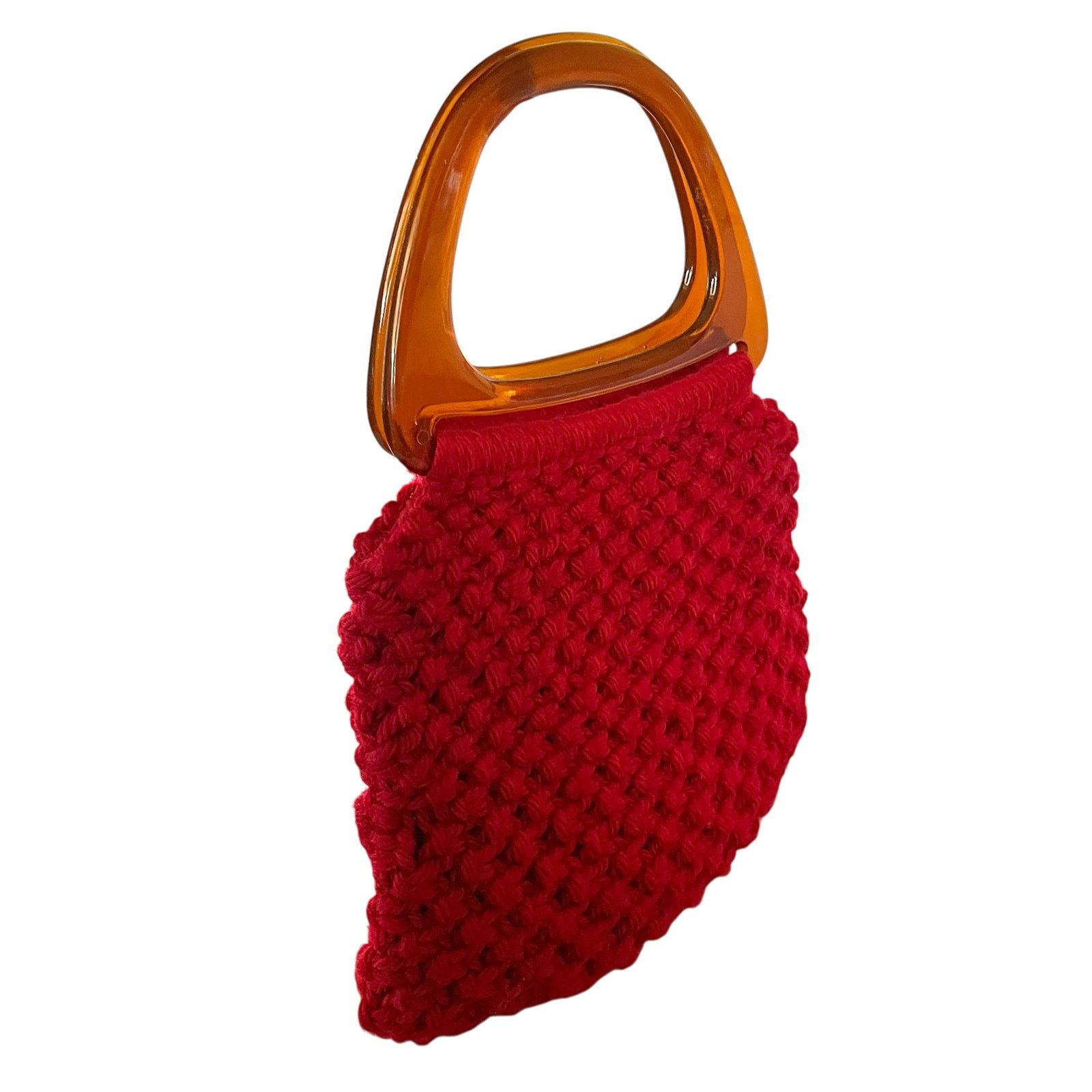 Handmade × Vintage Vintage Red Crocheted Amber Plastic Handles Hobo Granny Bag Size ONE SIZE - 7 Thumbnail