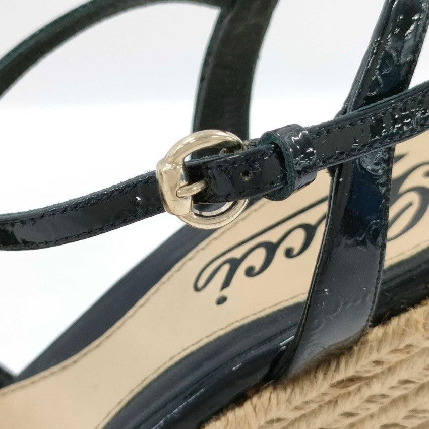 Gucci Gucci Black Patent GG Embossed Raffia Wedge Sandals Sz 38 Size US 8 / IT 38 - 7 Thumbnail