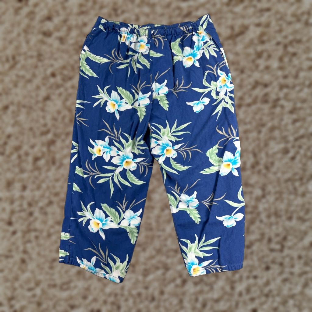 Vintage Shaver Lake Pants Womens Large Blue Floral 100% Rayon Wood Button Hawaiian Size 36" / US 14 / IT 50 - 1 Thumbnail
