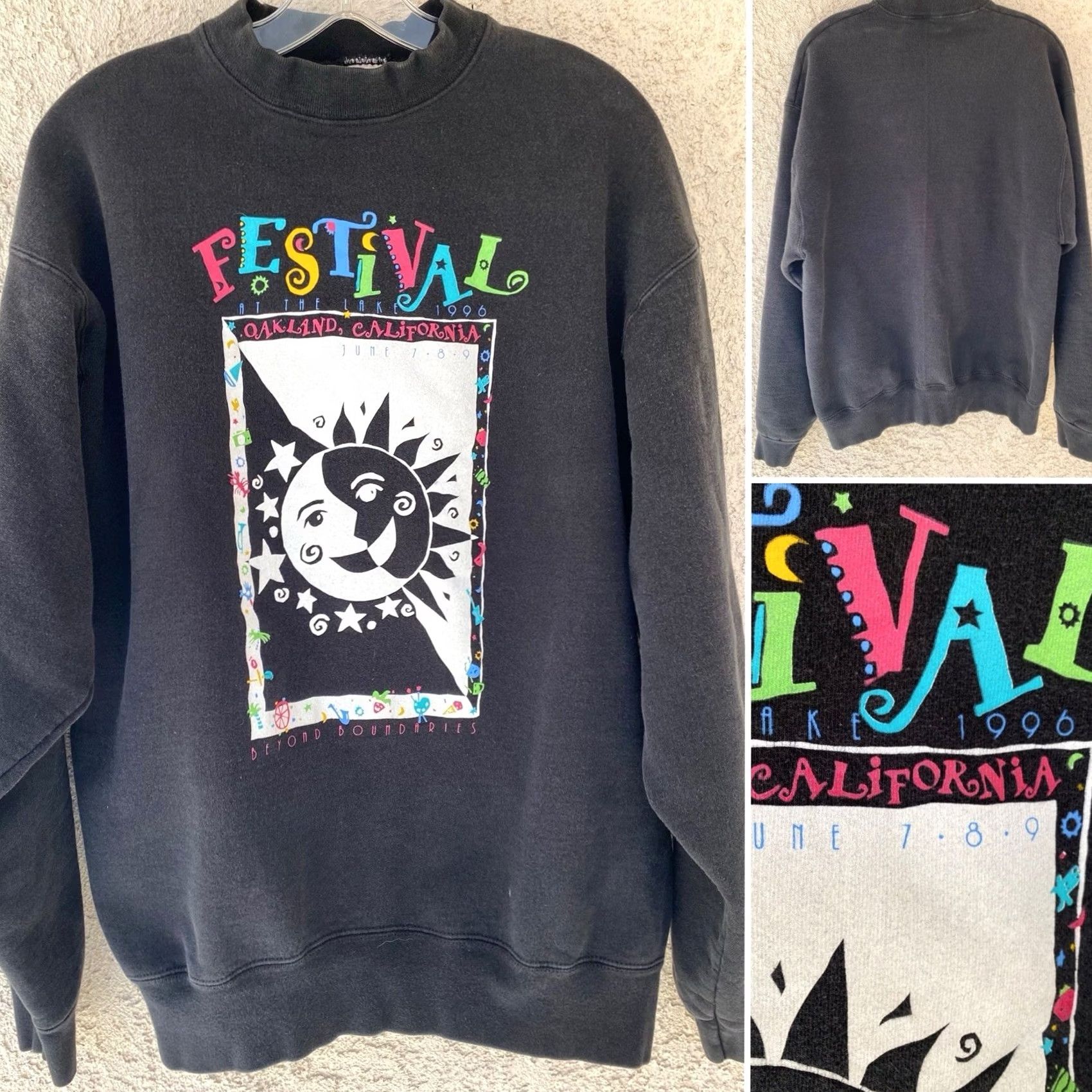 Fruit Of The Loom VINTAGE Festival At The Lake Oakland CA Sweatshirt XL Adult Black 90s Sun Moon Graphic Print USA Fade Mens Size US XL / EU 56 / 4 - 4 Thumbnail