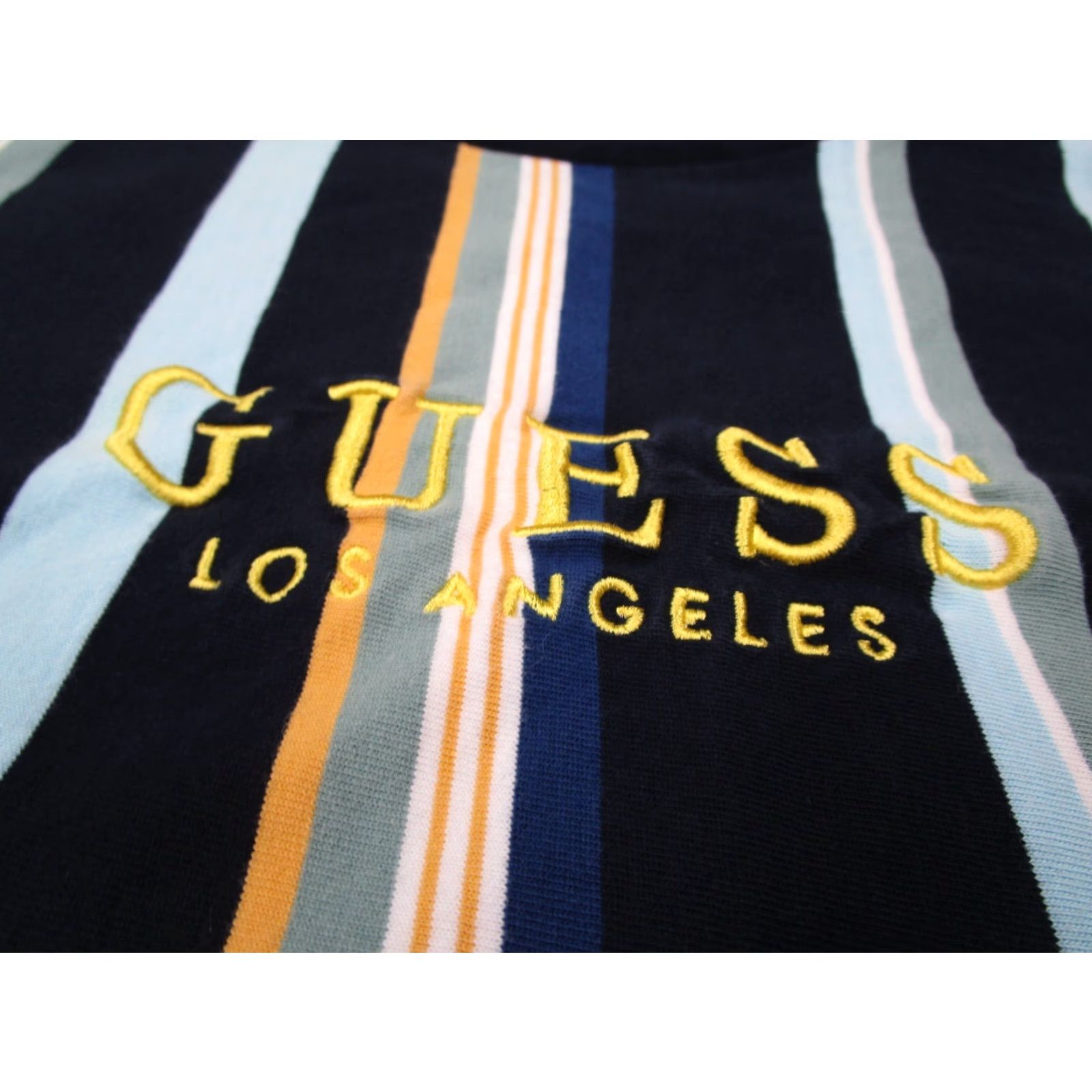 Guess GUESS Shirt Women Large Blue Horizontal Striped Crew Neck Short Sleeve T Shirt Embroidered Spellout Made in USA - 100% Cotton Size L / US 10 / IT 46 - 3 Thumbnail