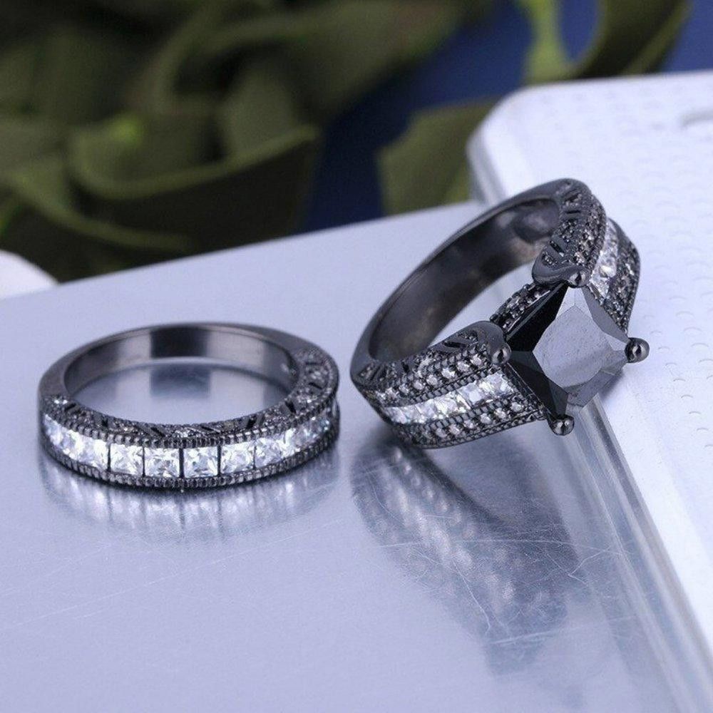 Designer 2Pcs 925 Silver Black Zircon Engagement Ring Set - Size 5 Size ONE SIZE - 10 Thumbnail