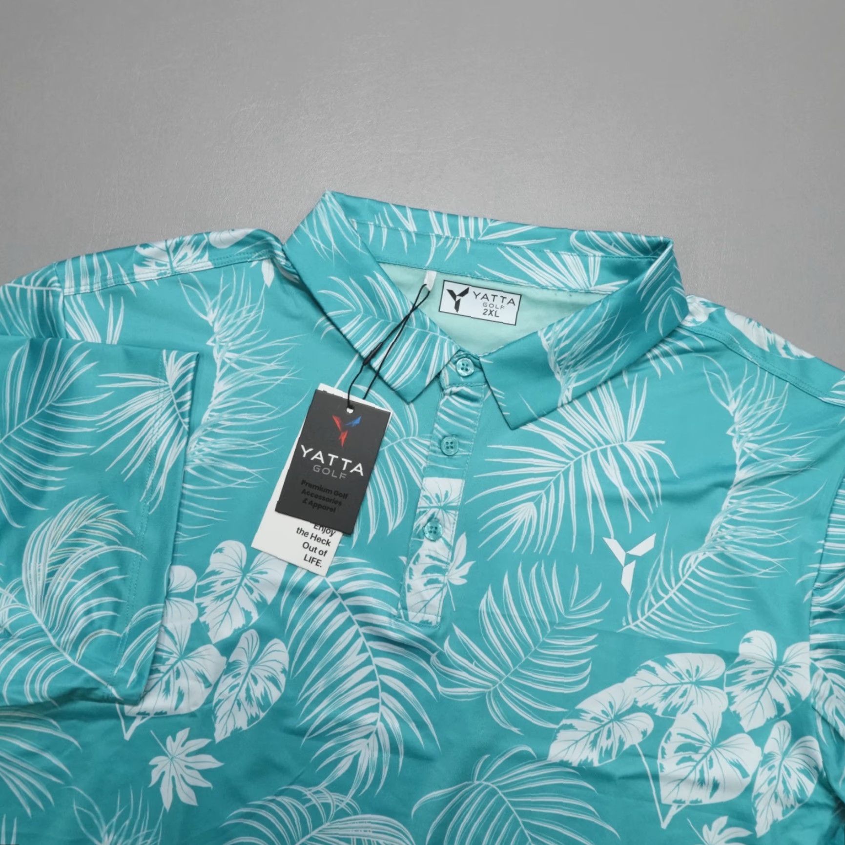 Vintage Yatta Performance Golf Polo Shirt Mens 2XL Teal Paradise Floral Palm Leaf Sports Polo Shirt Men Size US XXL / EU 58 / 5 - 2 Thumbnail