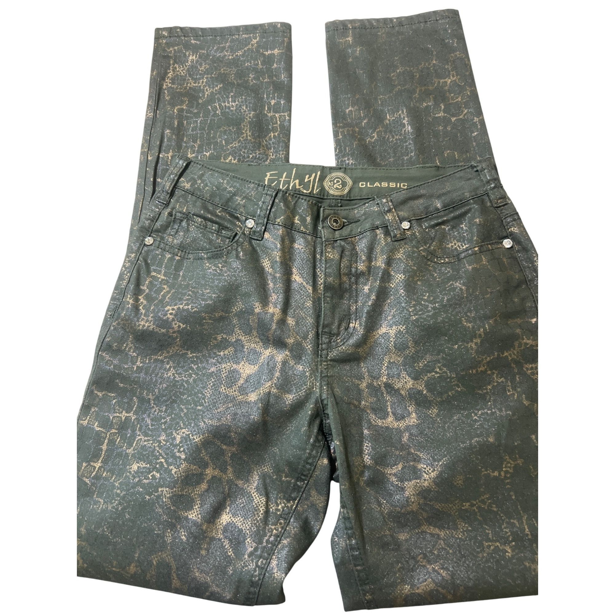 Other Ethyl Classic Jeans Olive Green Metallic Snake Print Rhinest Size 26" / US 2 / IT 38 - 1 Thumbnail
