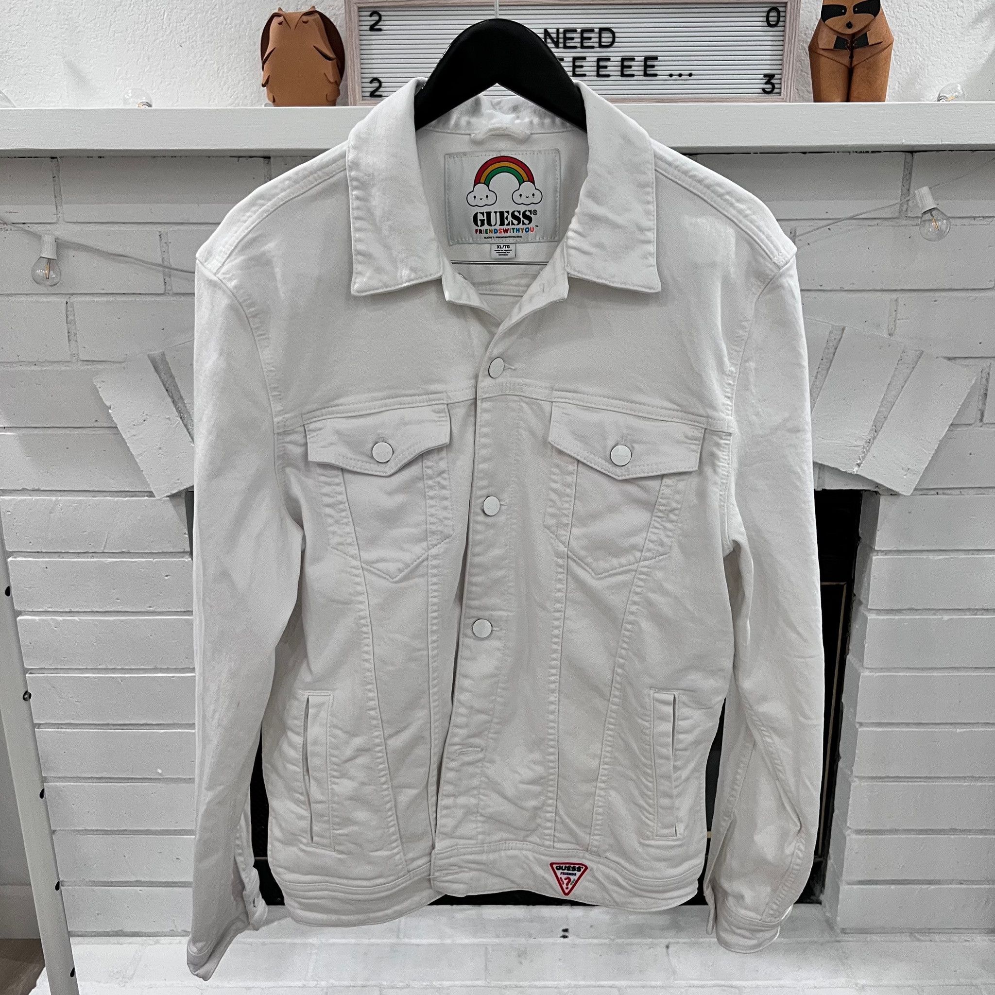 image of Vintage Find Guess 'friends With You' All White Denim Jacket in Black Red, Men's (Size XL)