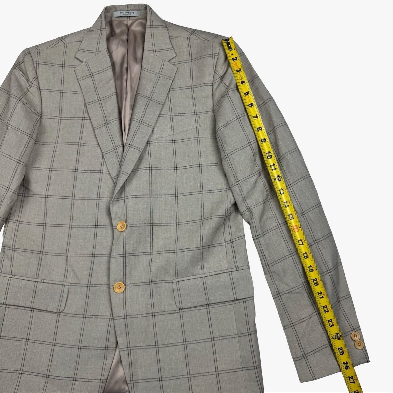 Other StudioSuits Bespoke Men's 2-Button Linen Blazer Beige Plaid Size 38L - 11 Thumbnail