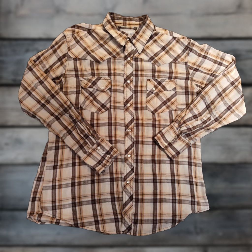 Wrangler VINTAGE Wrangler Wrancher Shirt Mens Large Brown Western Pearl Snap Striped Long Sleeve Size US L / EU 52-54 / 3 - 1 Thumbnail