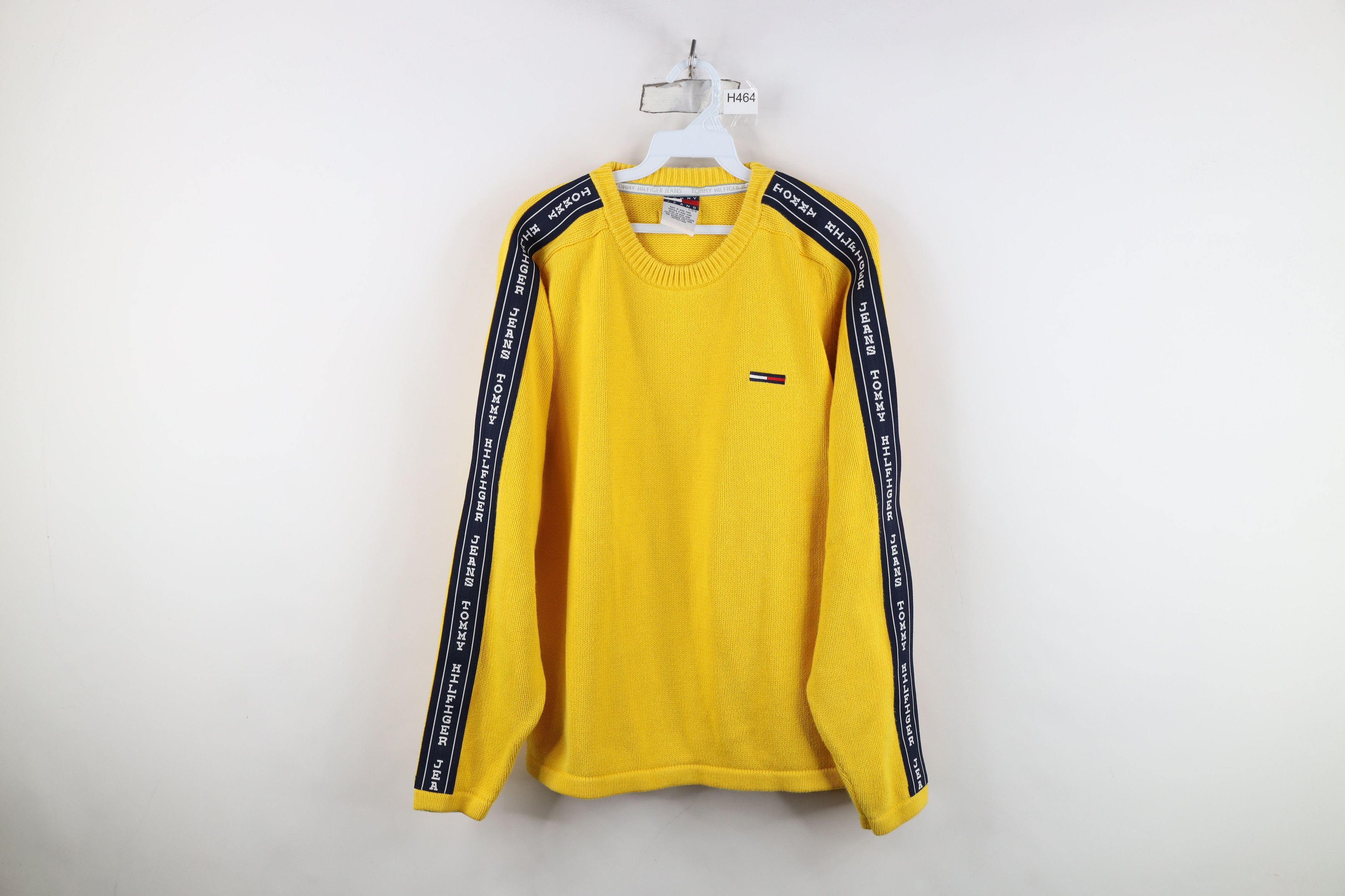 Tommy Hilfiger Vintage 90s Tommy Hilfiger Taped Logo Knit Sweater Yellow Size L / US 10 / IT 46 - 1 Thumbnail