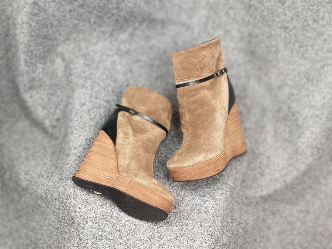 Chloé Marron Suede Beige Wedge Wooden Platform Heel Boots