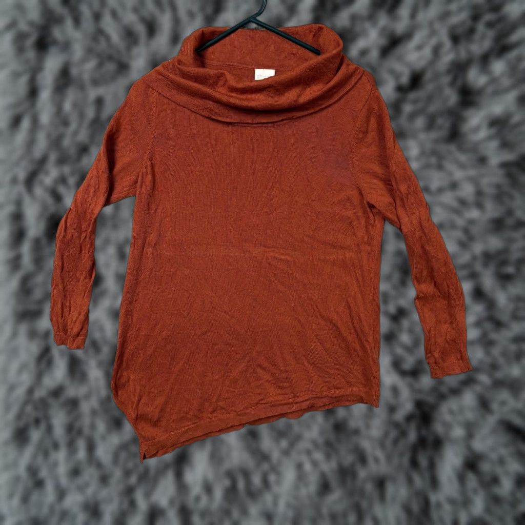 Vintage Chicos Sweater Women Orange Cowl Neck Asymmetrical Hem Cozy Winter Tunic Size 2 Long Sleeve Knit Cotton Rayon Nylon Size XS / US 0-2 / IT 36-38 - 1 Thumbnail