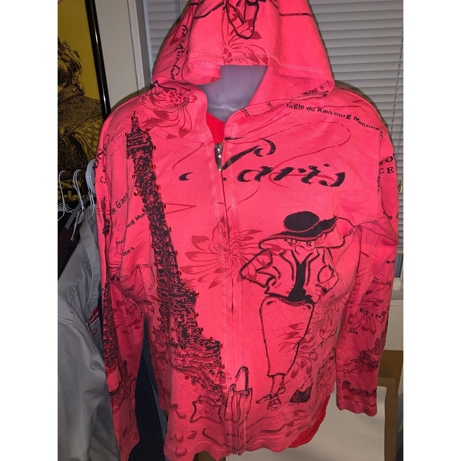 Other × Vintage Y2K Paris Eiffel Tower Zip Hoodie Keren Hart Red Large Size L / US 10 / IT 46 - 4 Thumbnail