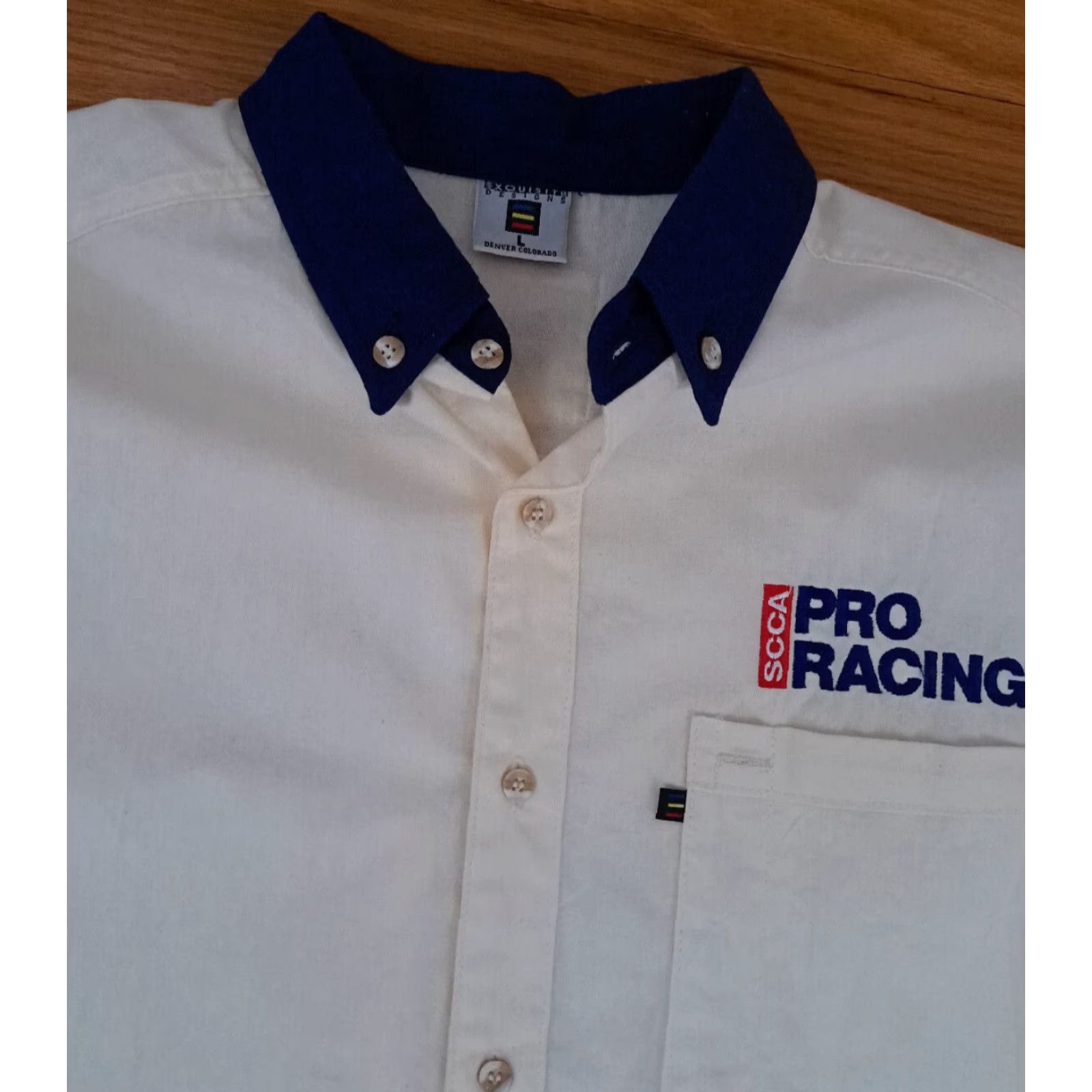 4SDESIGNS Exquisite Designs SCCA Pro Racing Embroidered Button-Up Shirt L USA Cotton Short Sleeve Cream Budget Canvas Mens Large — Shirt Size US L / EU 52-54 / 3 - 5 Thumbnail