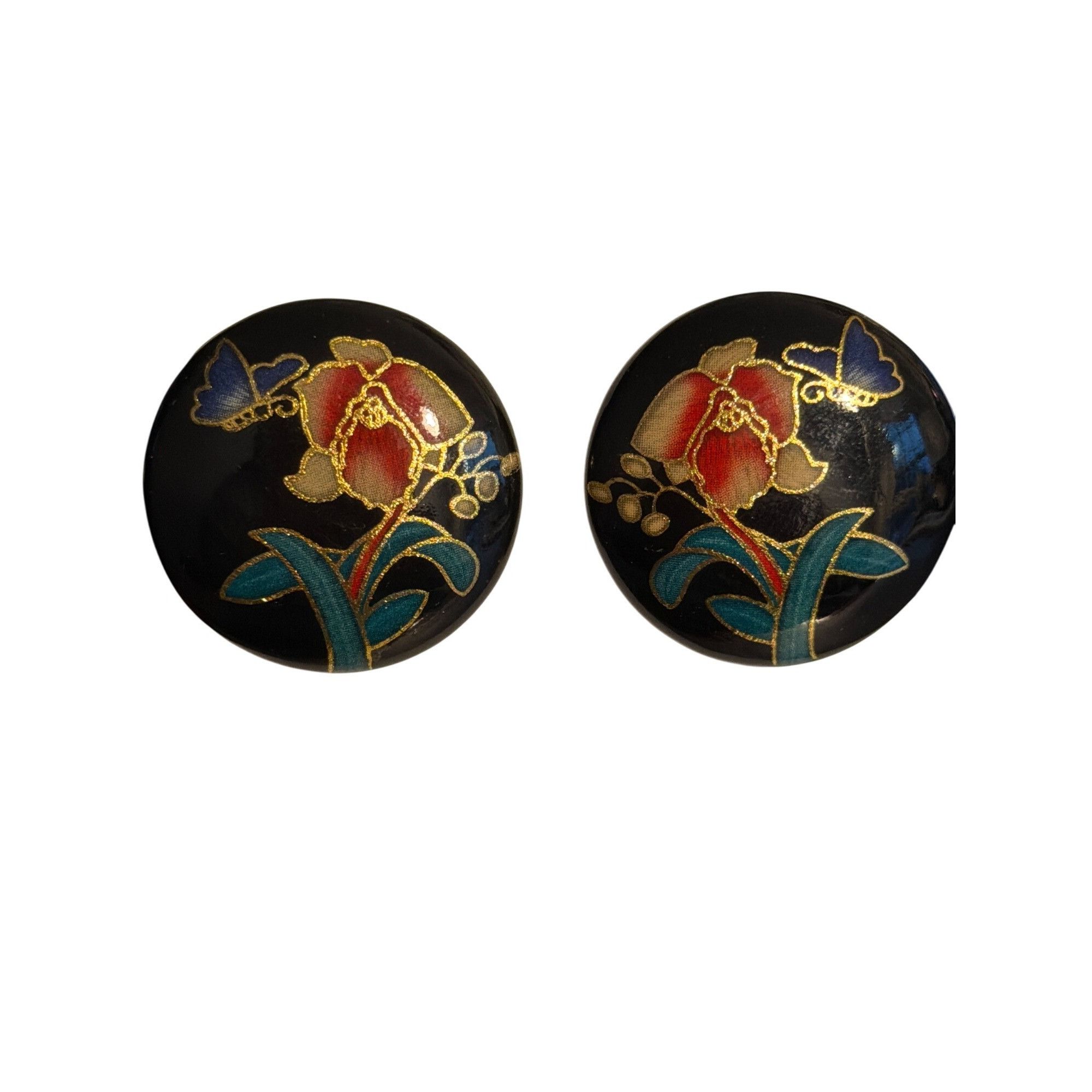 Other Vtg Cloisonne Floral Butterfly Stud Earrings Black Enamel Go Size ONE SIZE - 1 Thumbnail