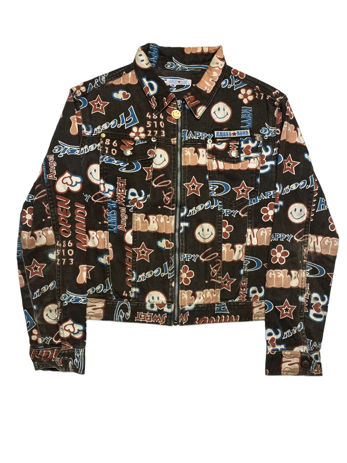 Angel Blue 1990s Angel Blue - Printed Pop Smiley Denim Work Jacket Size L / US 10 / IT 46 - 1 Thumbnail