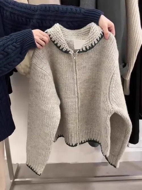 image of Gray Loose Cardigan Knitted Sweater in Grey, Women's (Size Small)