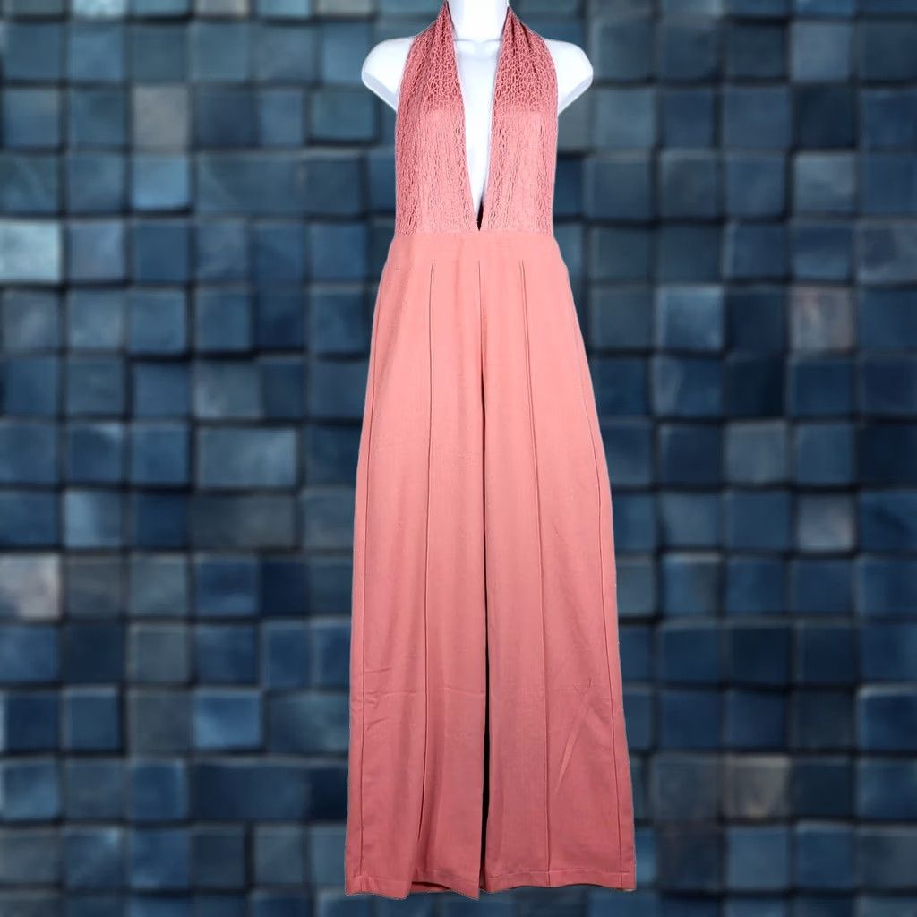 Lulus Lulus Backless Peach Pink Lace Top Jumpsuit M Women Sleeveless V-Neck Wide-Leg 1 Piece Regular 32in Inseam Pink Size M / US 6-8 / IT 42-44 - 1 Thumbnail
