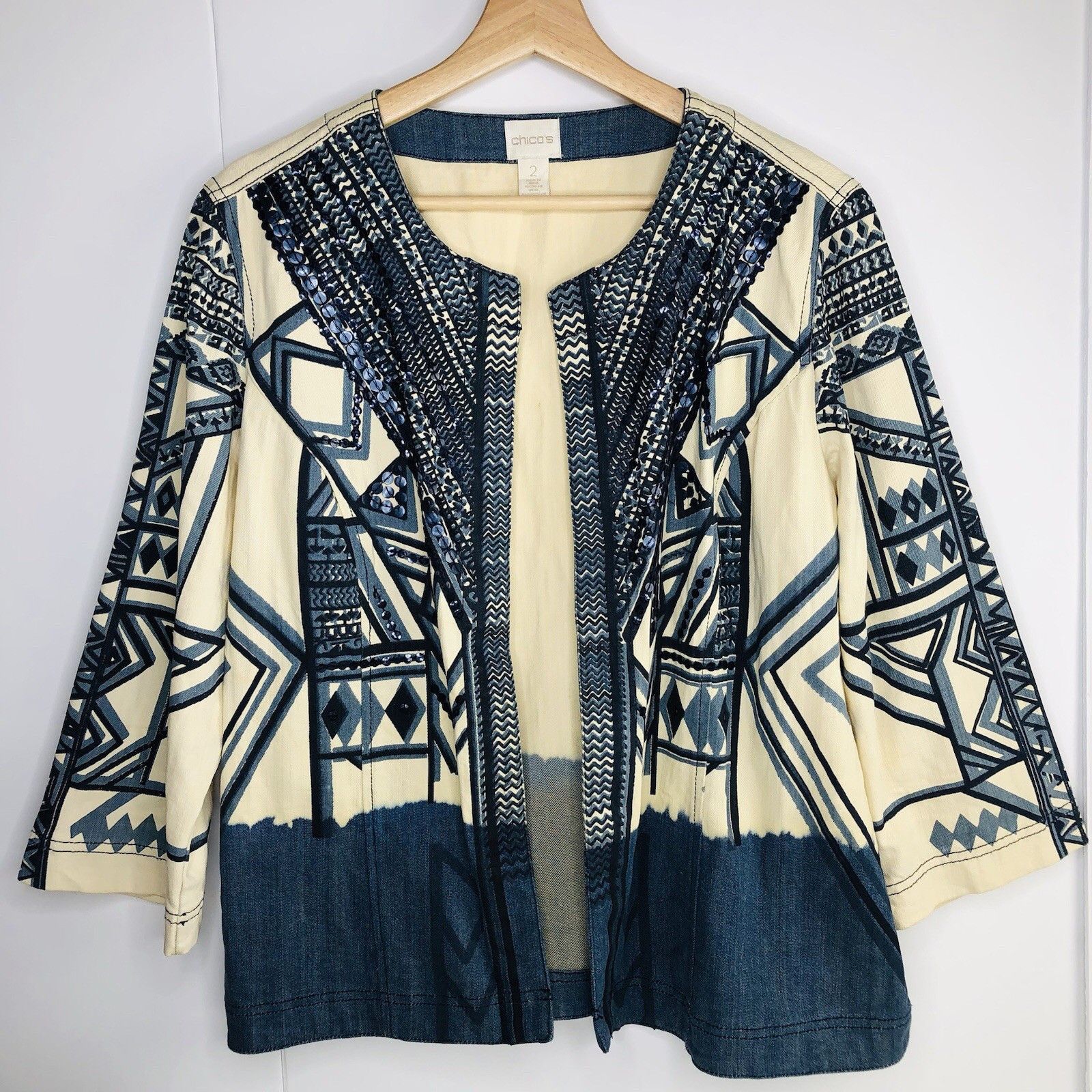 Chicos Chicos Ivory Navy Blue Artsy Jacket Size 2 Womens Pattern Size XS / US 0-2 / IT 36-38 - 1 Thumbnail