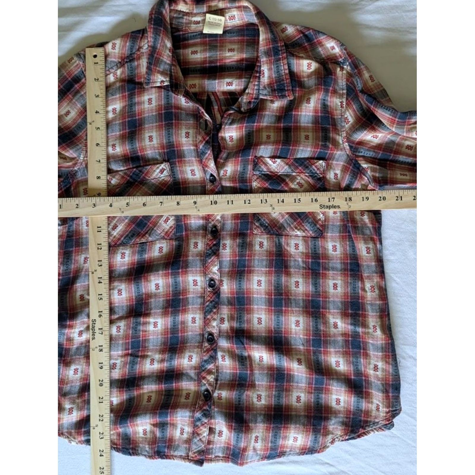 Faded Glory Orange Dobby Plaid Button Front Shirt Womens M 12-14 100% Cotton Southwest Boho Shirt Size M / US 6-8 / IT 42-44 - 3 Thumbnail