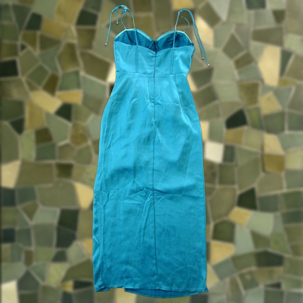 Hereu Here Comes The Sun Teal Spaghetti Strap Ruched Bustier Midi Cocktail Dress Small Size S / US 4 / IT 40 - 1 Thumbnail