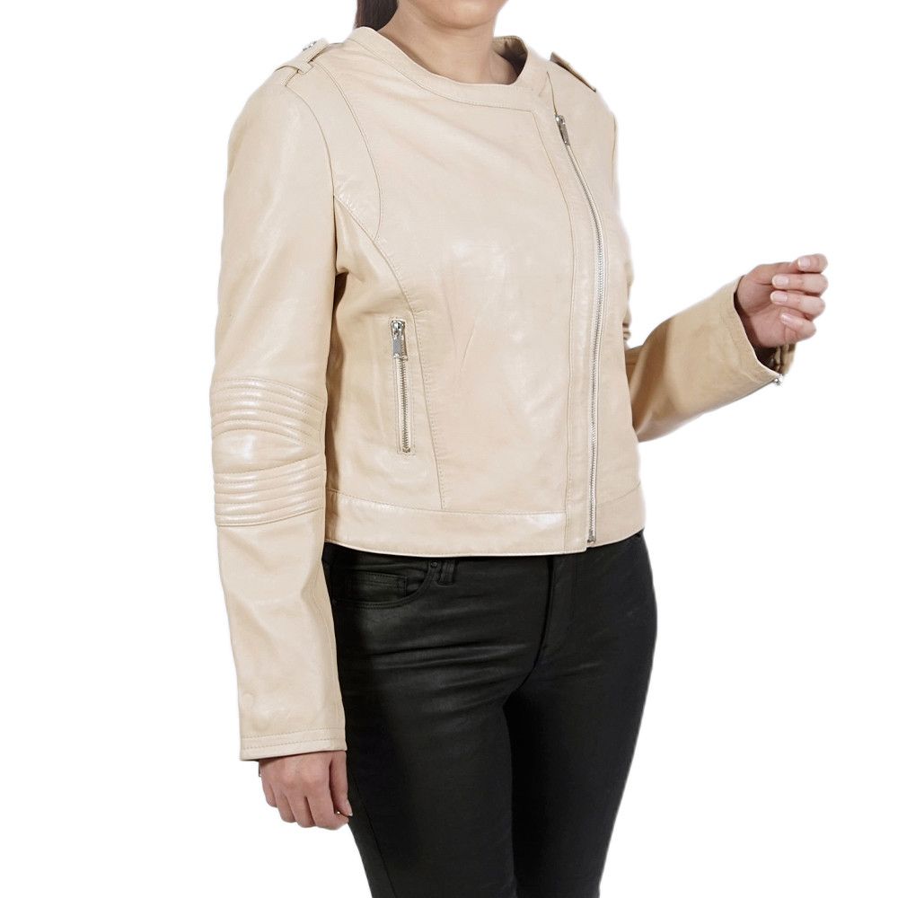 image of Tiffany Asymmetrical Off White Leather Jacket, Women's (Size Medium)