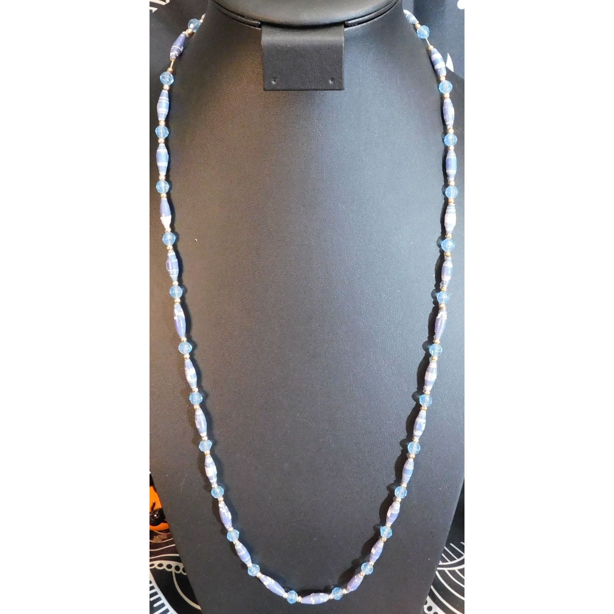 Handmade Handmade Blue Paper Wrap Bead Necklace With Gold Tone Accent Size ONE SIZE - 1 Thumbnail
