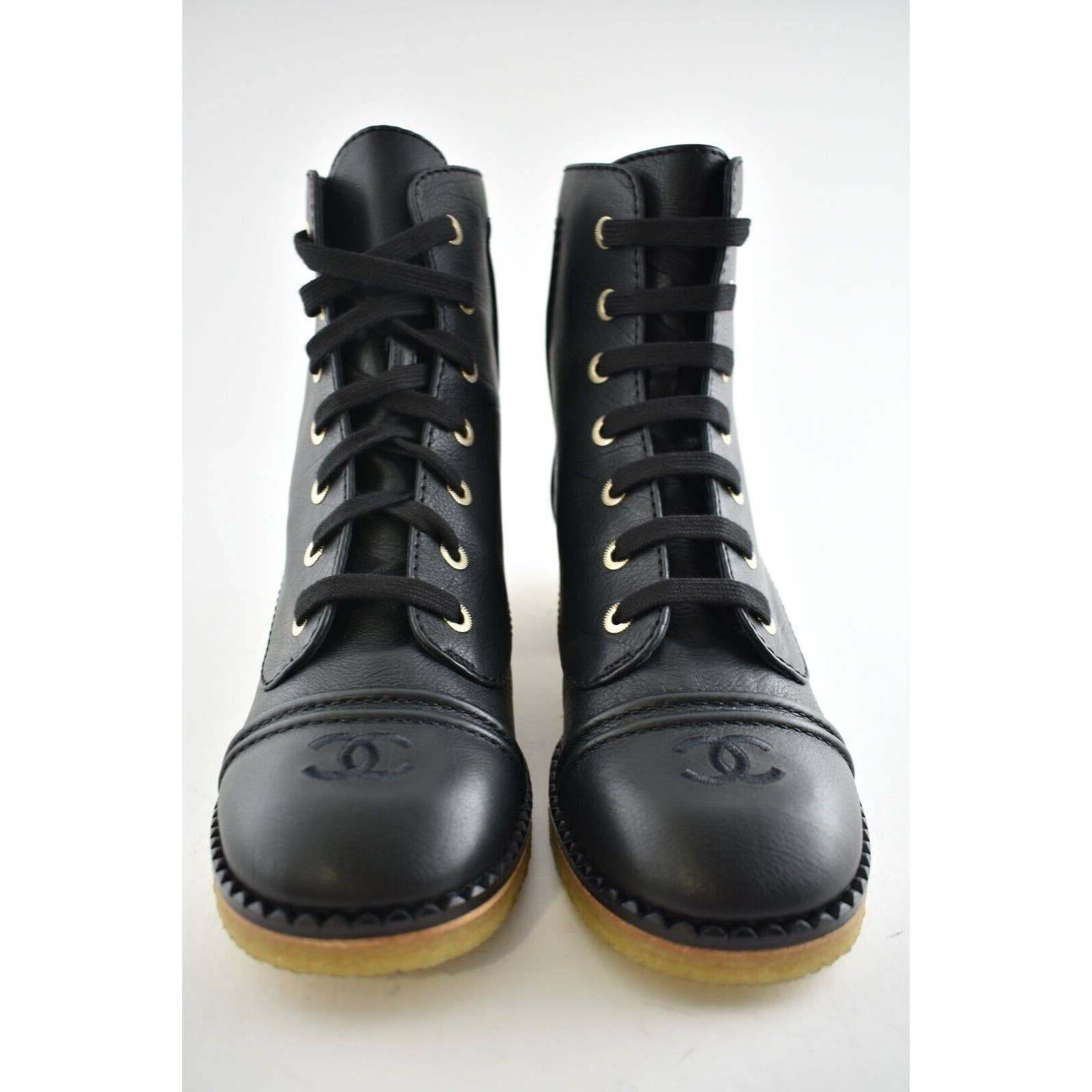Chanel Chanel 20P Black Calfskin Leather CC Combat Lace Up Biker Size US 6.5 / IT 36.5 - 6 Thumbnail