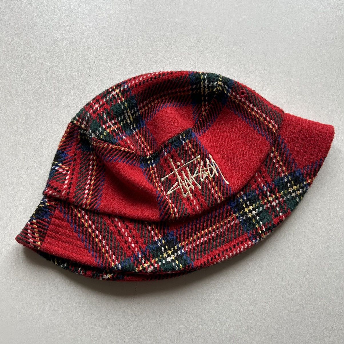 image of Vintage Stussy Embroidered Logo Wool Red Plaid Bucket Hat in Plaid Red, Men's