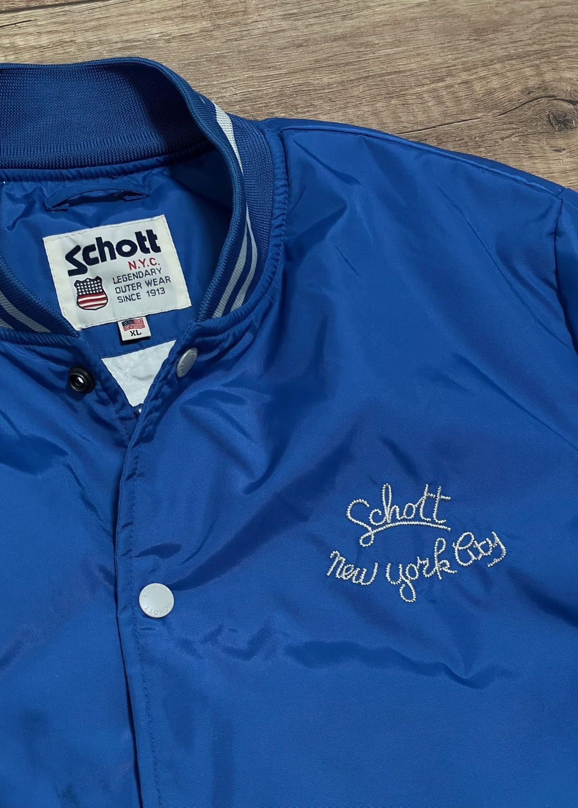 Schott Schott NYC Blue Nylon College Bomber Jacket Big Logo Size US L / EU 52-54 / 3 - 5 Thumbnail