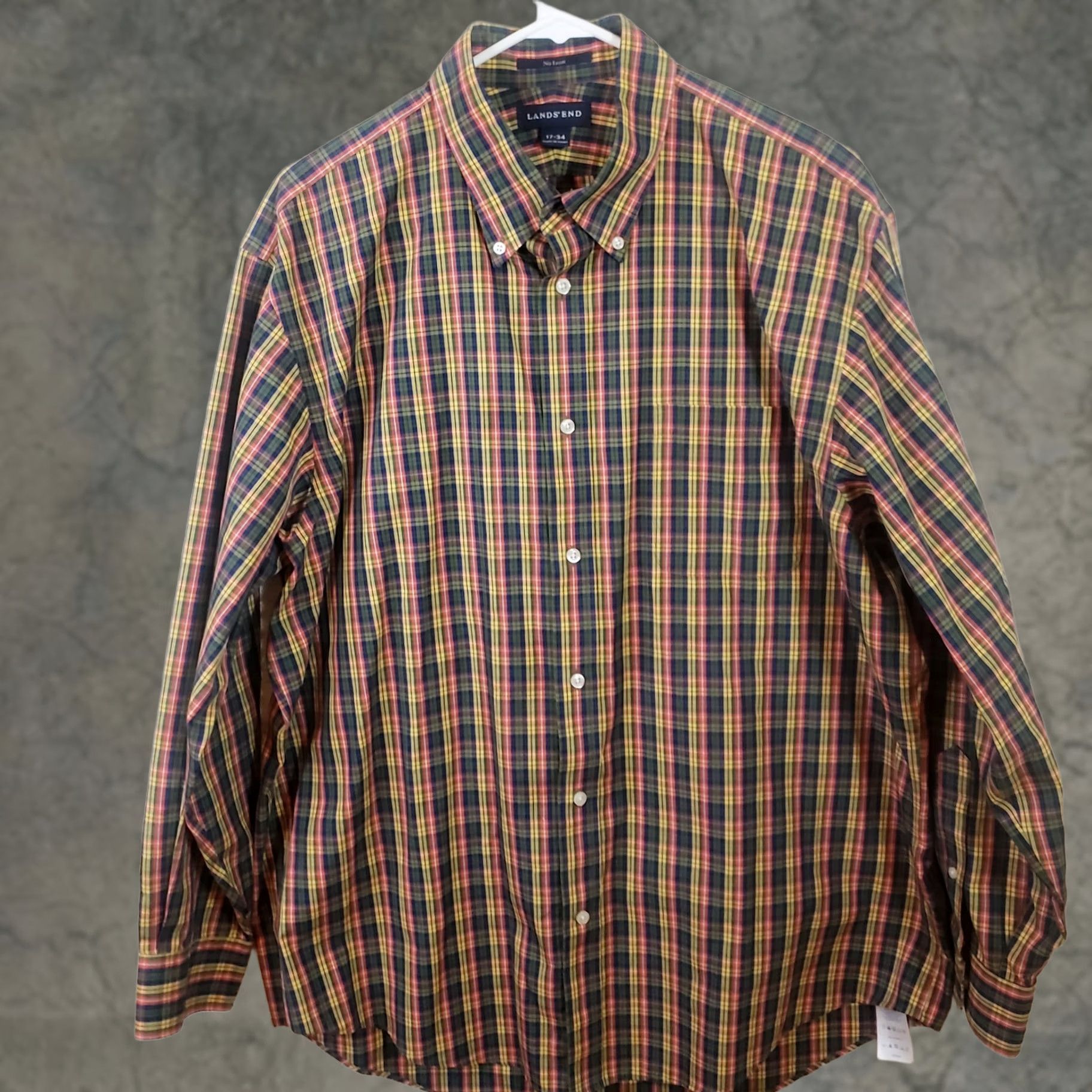 Lands' End Lands End Shirt Men's Red Green Yellow Plaid Button Down No Iron 17 34 Size US XL / EU 56 / 4 - 1 Thumbnail