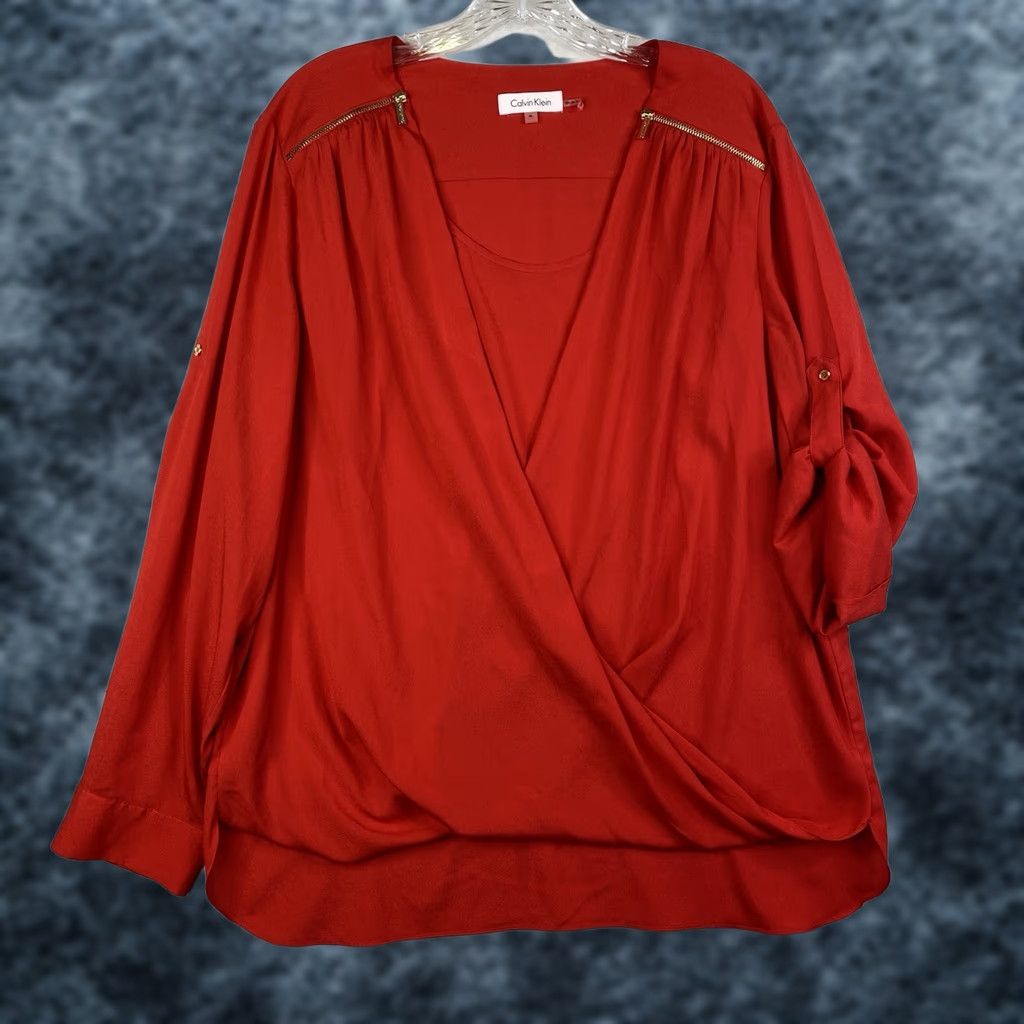 Calvin Klein Calvin Klein Womens Top XL Red Roll Tab Sleeve Surplice Tank Zipper Blouse Straighten: Professional, Classic, Designer, Business, Casual Size XL / US 12-14 / IT 48-50 - 1 Thumbnail