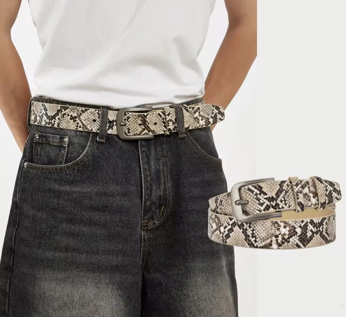 Japanese Brand 102 cm Snakeskin Print Faux Leather Belt - Brown/Beige Size ONE SIZE - 1 Thumbnail