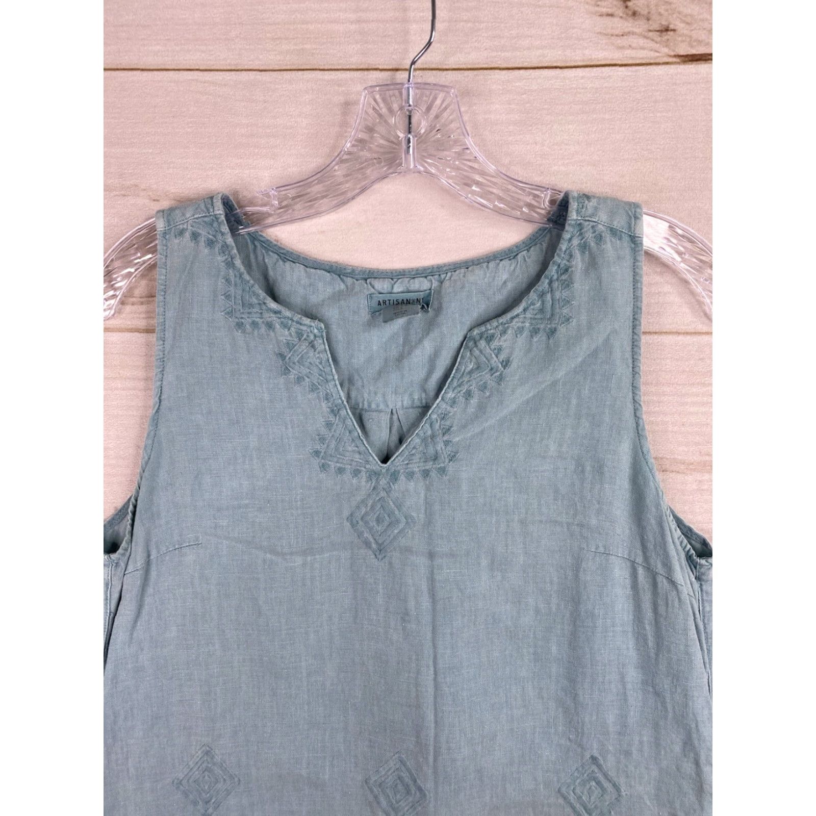 Vintage VINTAGE Artisan NY Dress S Blue Midi Slip 100% Linen Sleeveless Embroidered Pockets Boho Size S / US 4 / IT 40 - 2 Thumbnail