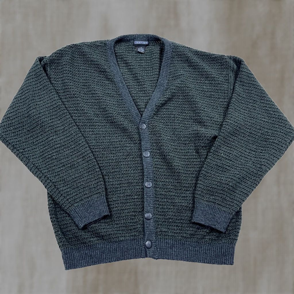Jantzen VINTAGE Jantzen Cardigan Sweater Men XL Gray Green 90s Y2K Cosby Biggie Button Logo Knit Modern Geometric 90s Theme Mens Mens Size US XL / EU 56 / 4 - 1 Thumbnail