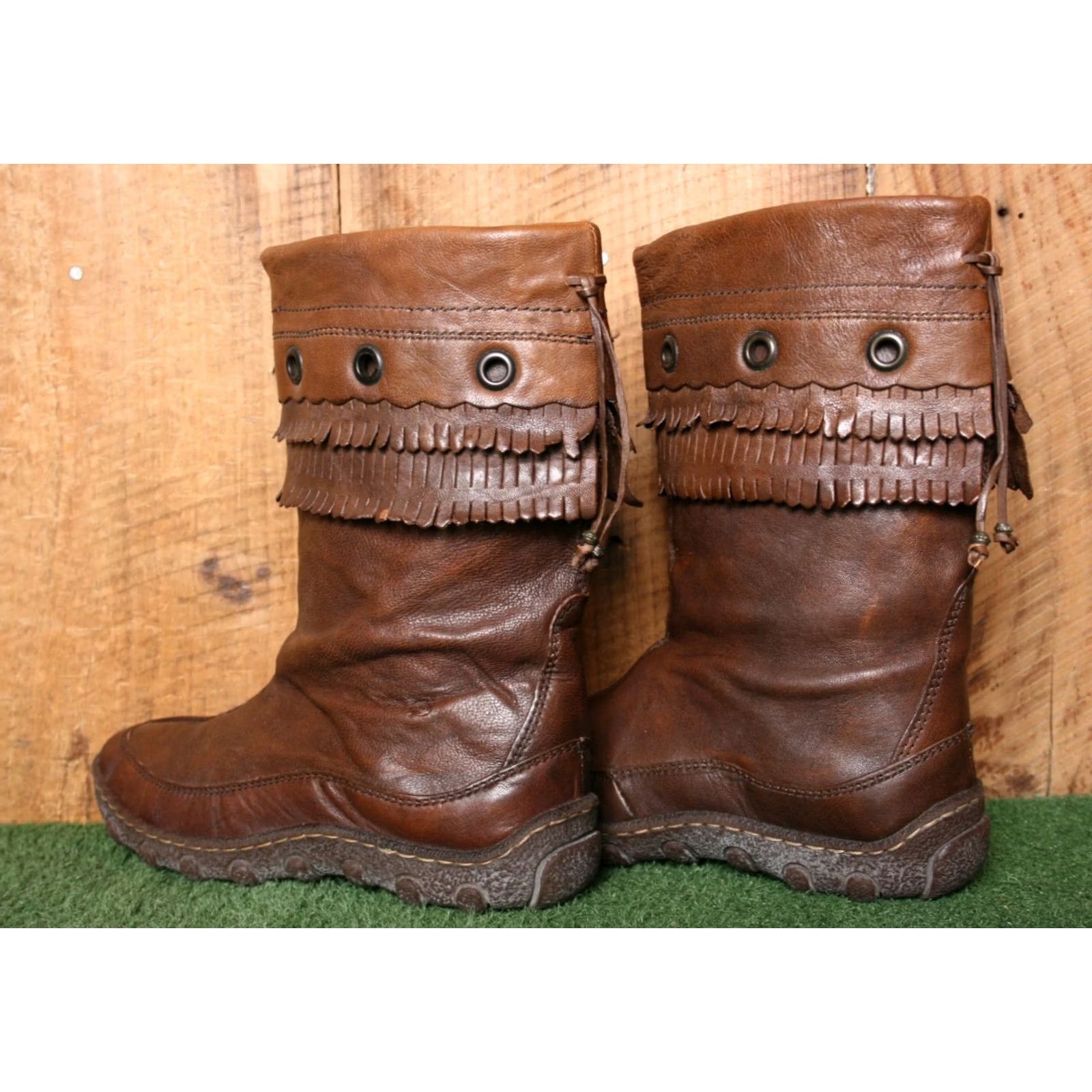 Born BORN Brown Leather Grommet Scallop Fringed Mid-Calf Boots Sz. 6.5 Women Military/Moccasin Style Shoes? Size US 7 / IT 37 - 3 Thumbnail