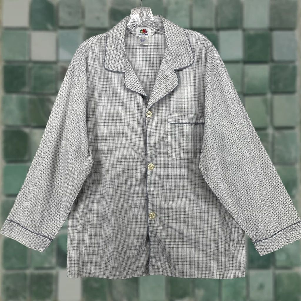 Fruit Of The Loom Pajamas Set Check Long Sleeve Shirt & Pants White M Mens, Men's