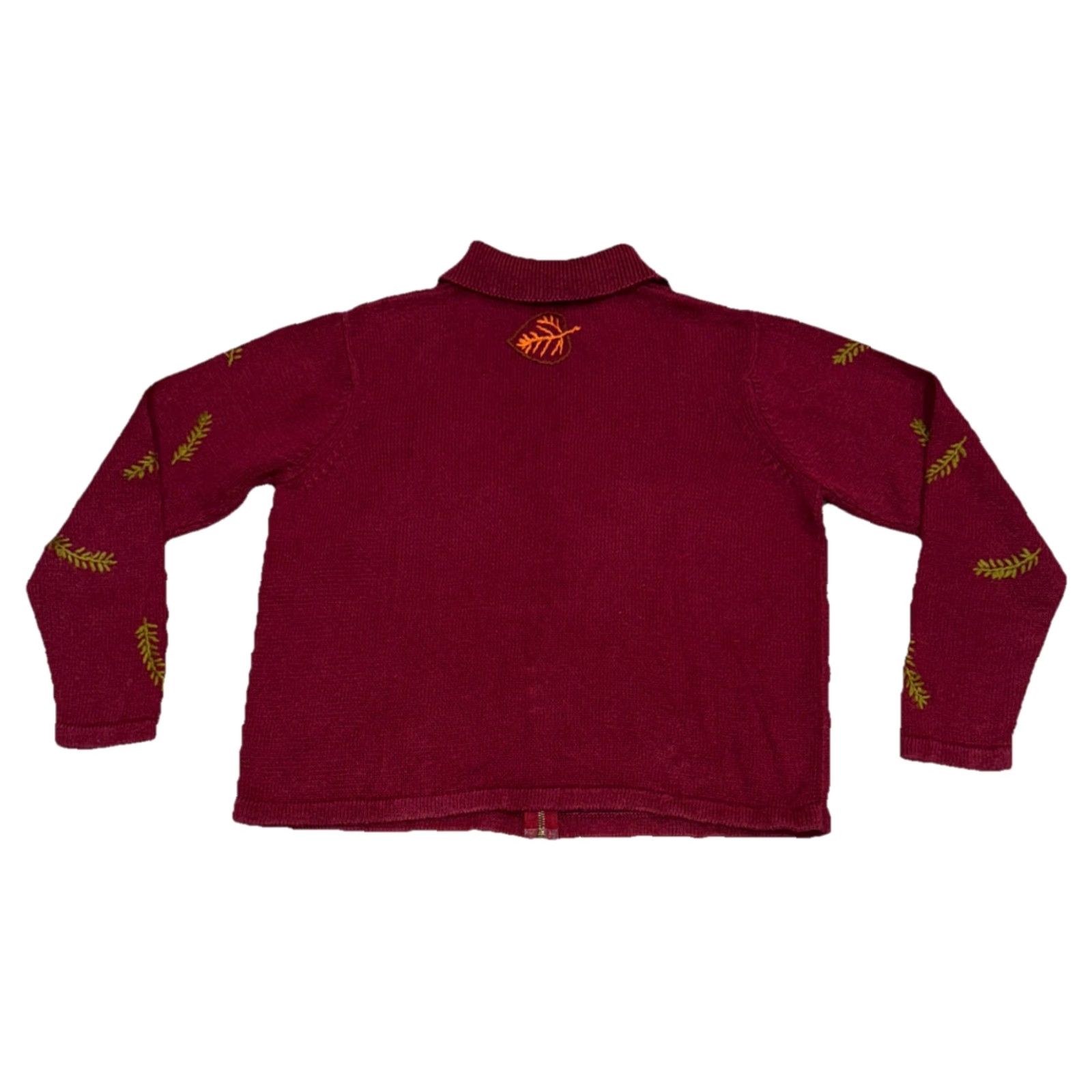 Vintage VINTAGE All Points Womens Maroon Cardigan Sweater Autumn Leaves Embroidery Knit Crew Neck Full Zip Large Size L / US 10 / IT 46 - 2 Thumbnail