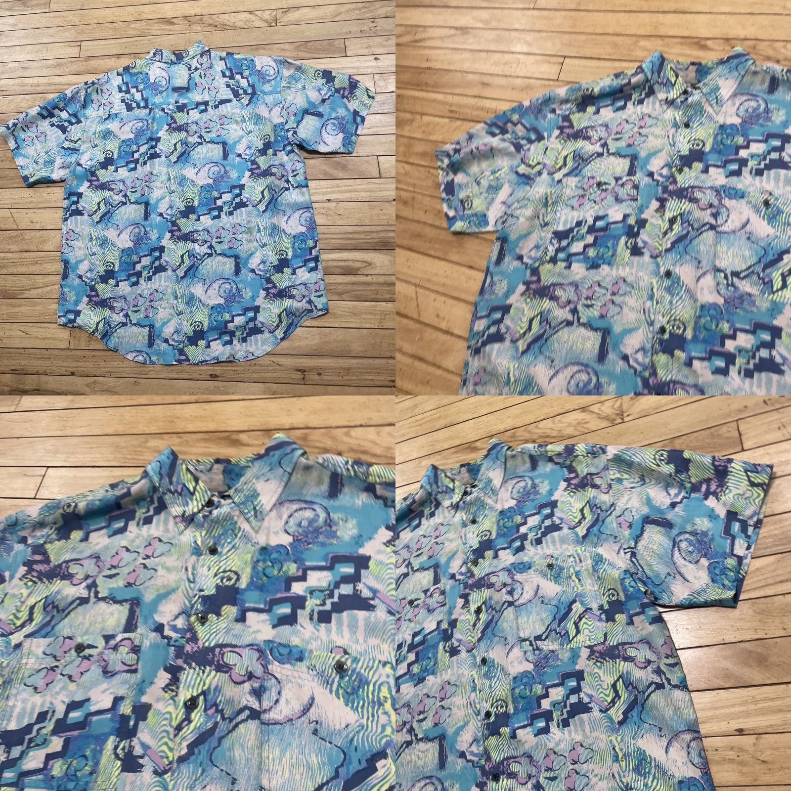 Vintage VINTAGE Michael's Fashions Hawaiian Silk Shirt Men L Turquoise Blue Green Geometric ShirtMens L, Turquoise Blue Green, Silk, Button-Up, Short Sleeve Size US L / EU 52-54 / 3 - 9 Thumbnail