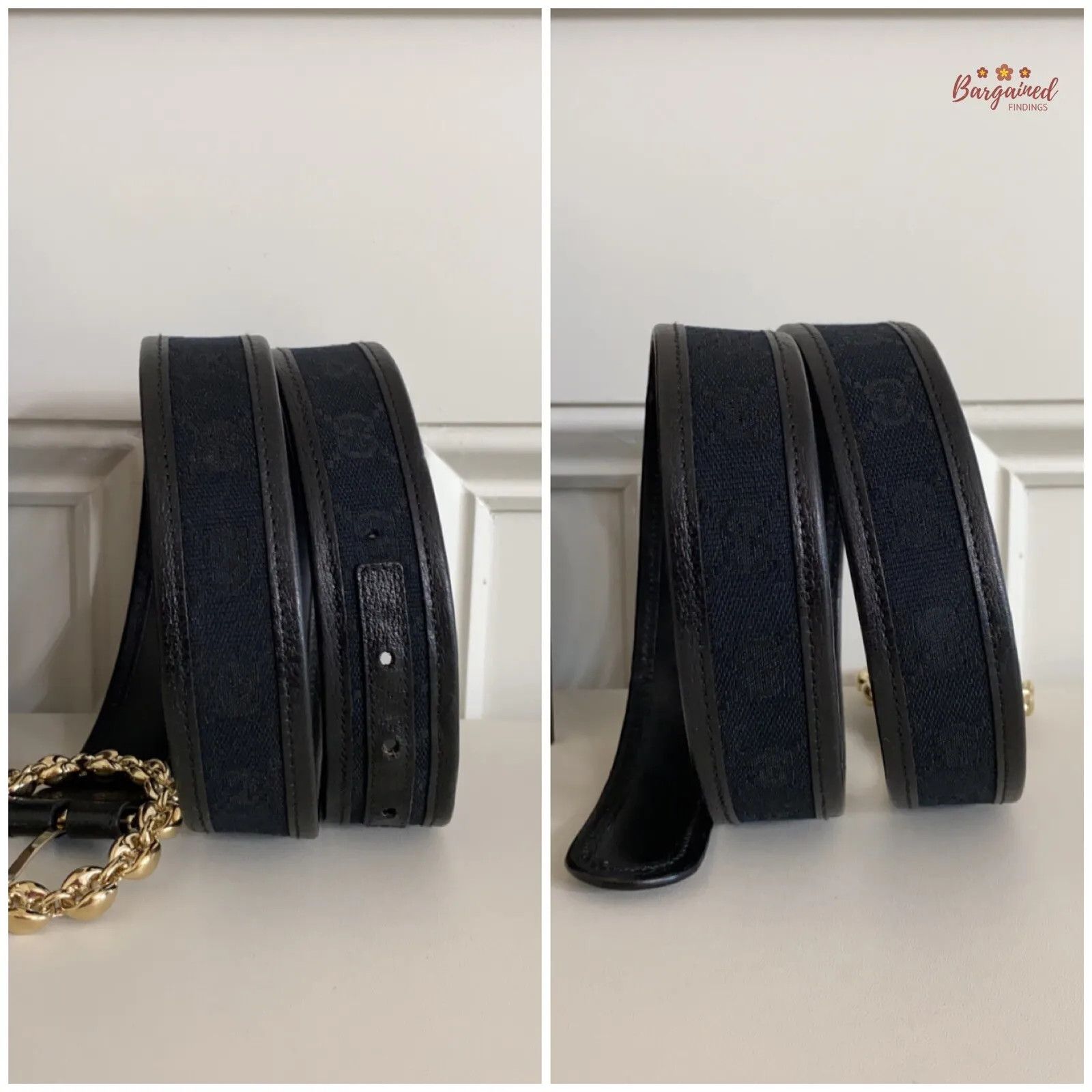 Gucci Gucci Black Monogram Canvas Leather Gold Chain Buckle Belt Size 30 - 2 Thumbnail