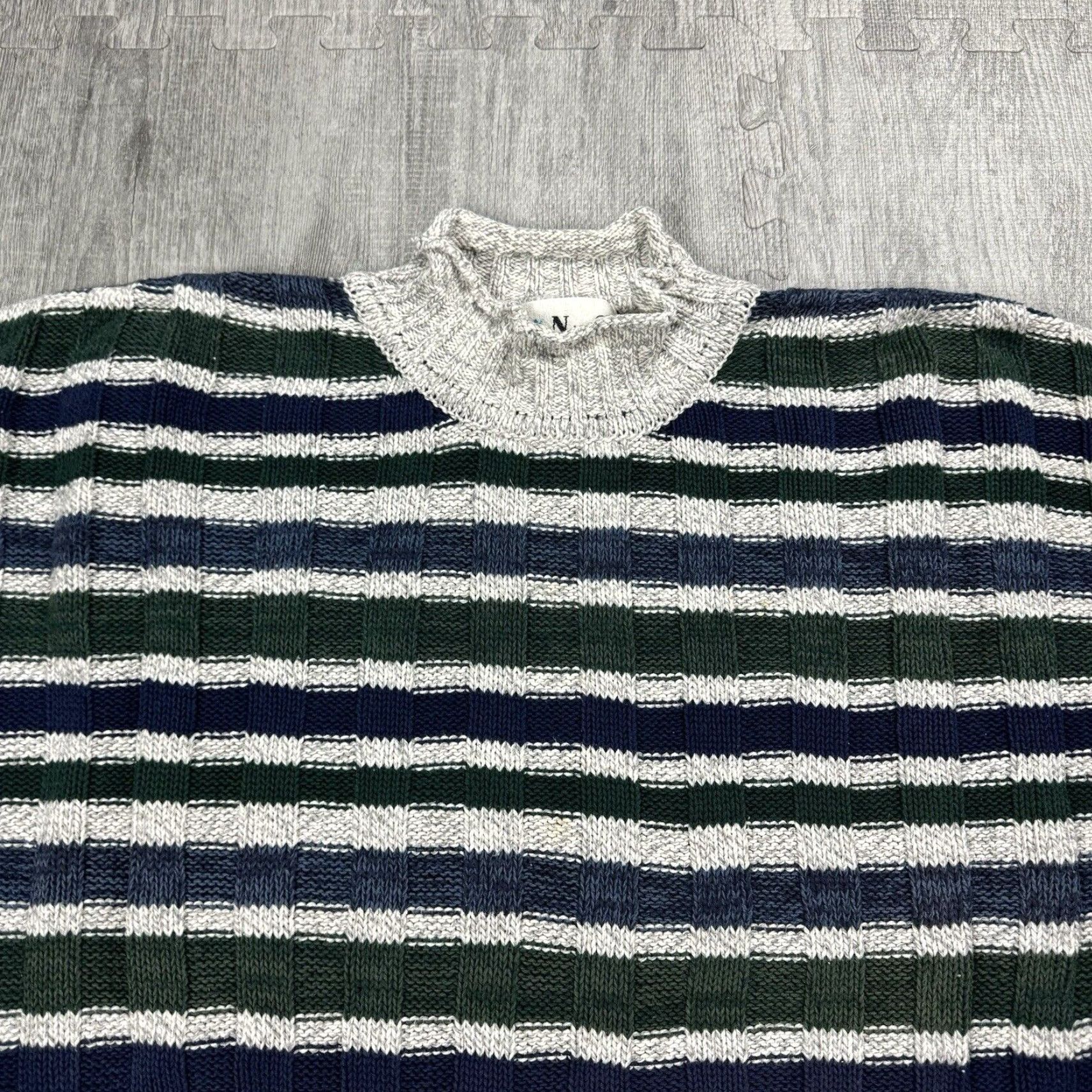 Vintage VINTAGE 90s INTERNATIONAL CONCEPTS Men’s Striped Cotton Cable-Knit Roll Neck Sweater L Size US L / EU 52-54 / 3 - 2 Thumbnail