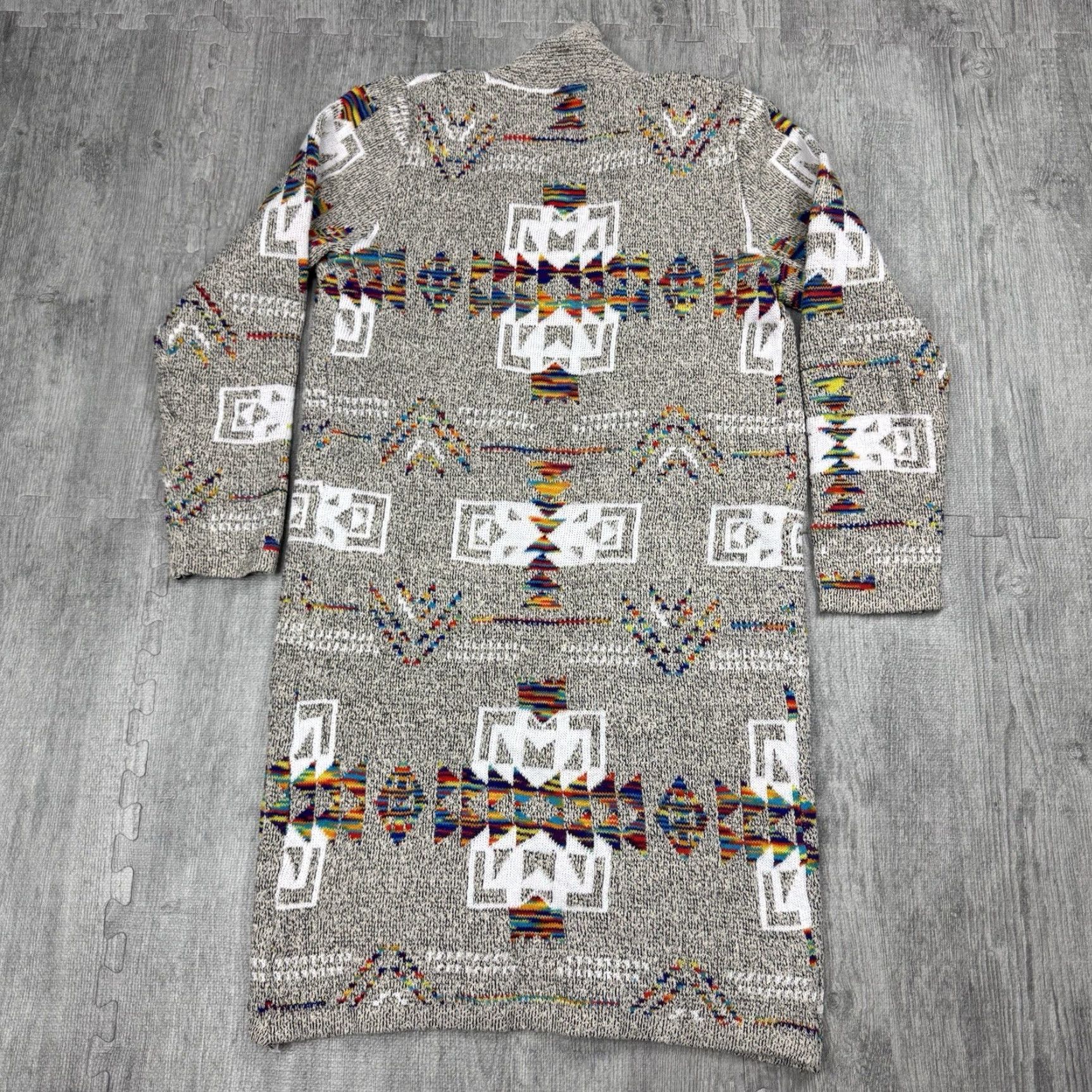 Rainbow VINTAGE ON BLUE Women's Open Front Long Cardigan Rainbow Aztec Knit Sweater Casual Fall Spring Summer Winter Ladies Size L / US 10 / IT 46 - 5 Thumbnail