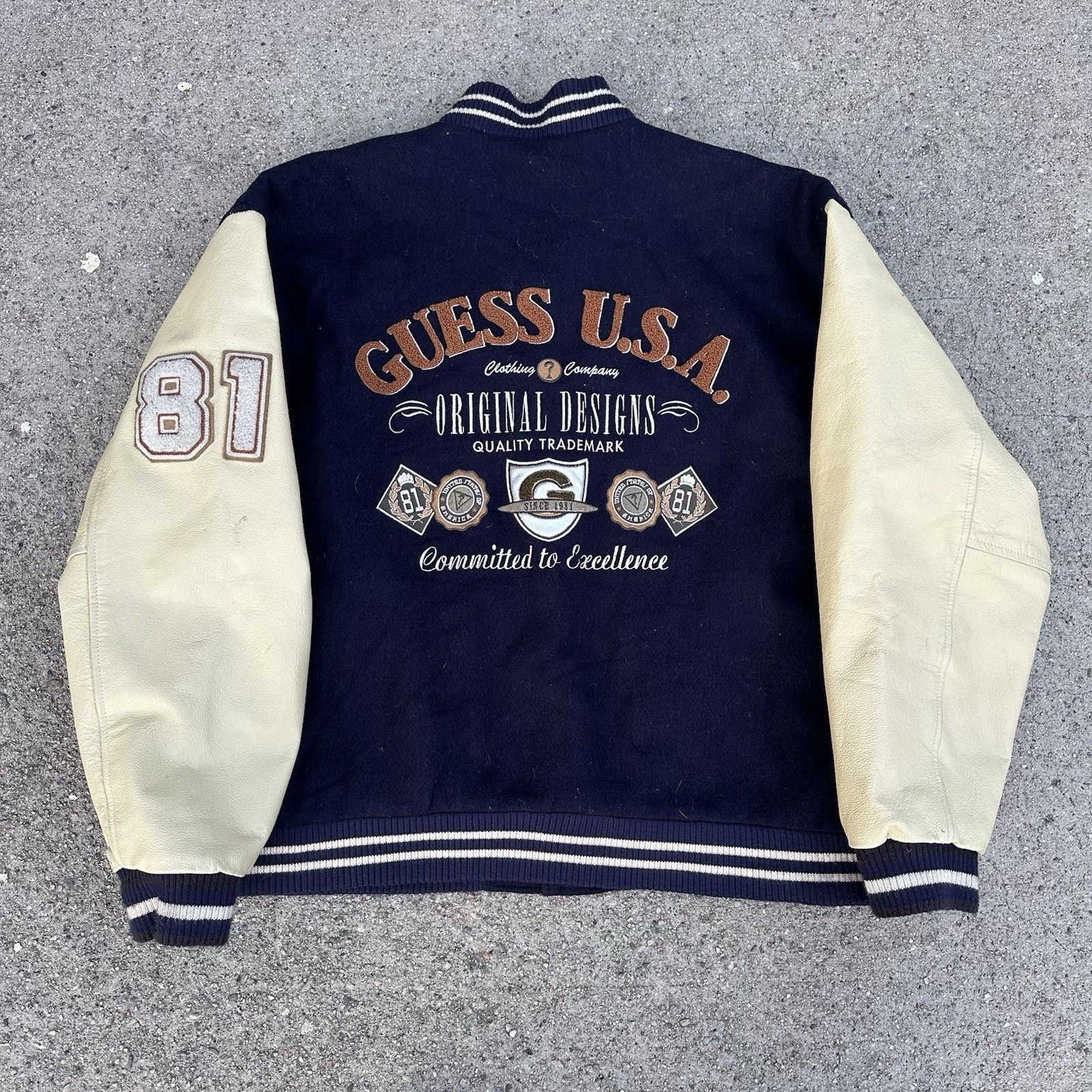 Guess × Vintage Vintage Guess Jeans Wool Leather Letterman Varsity Jacket Size US L / EU 52-54 / 3 - 1 Thumbnail