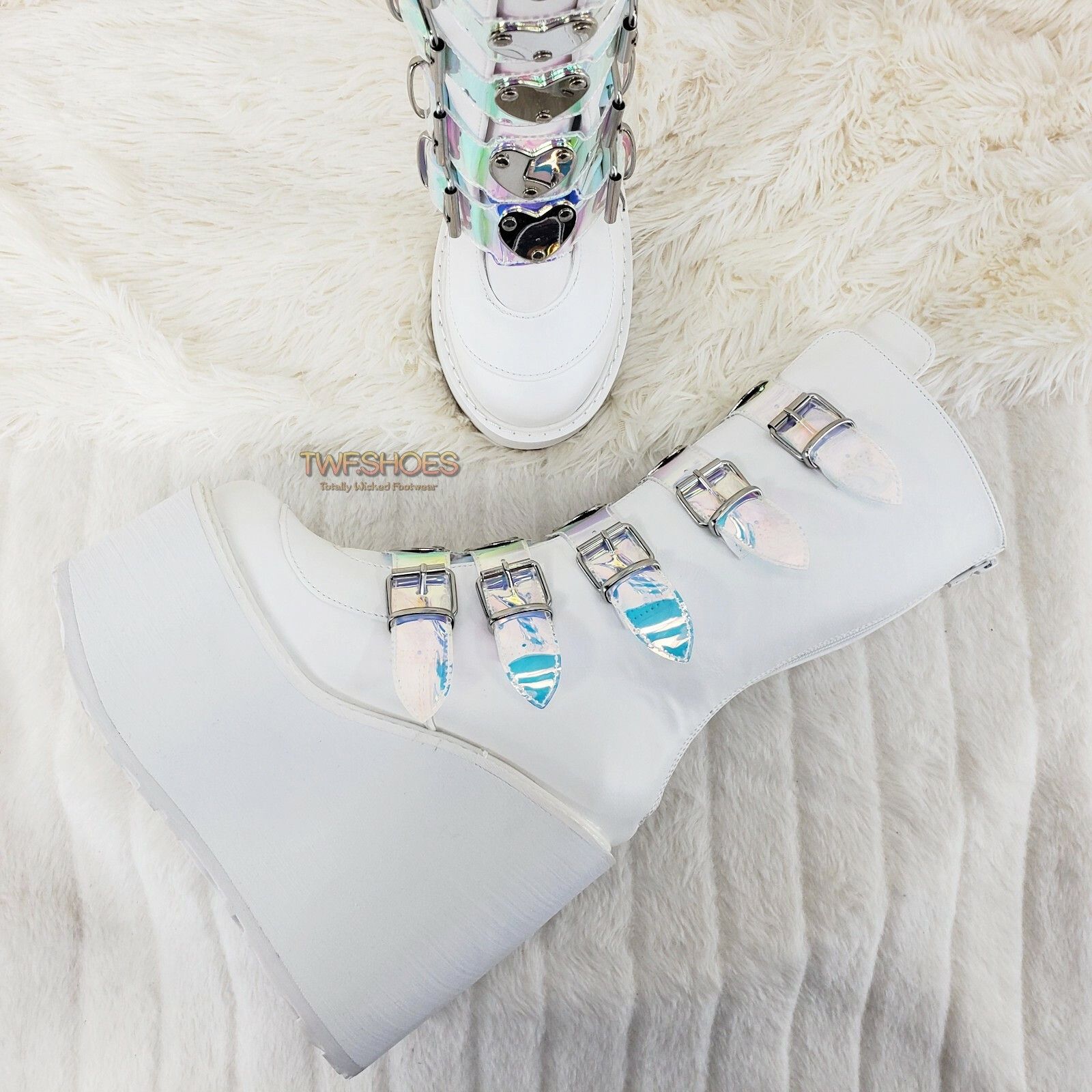 Other Cyber Swing 230 White Boot 5.5" Platform Heart Hologram Stra Size US 9 / IT 39 - 4 Thumbnail
