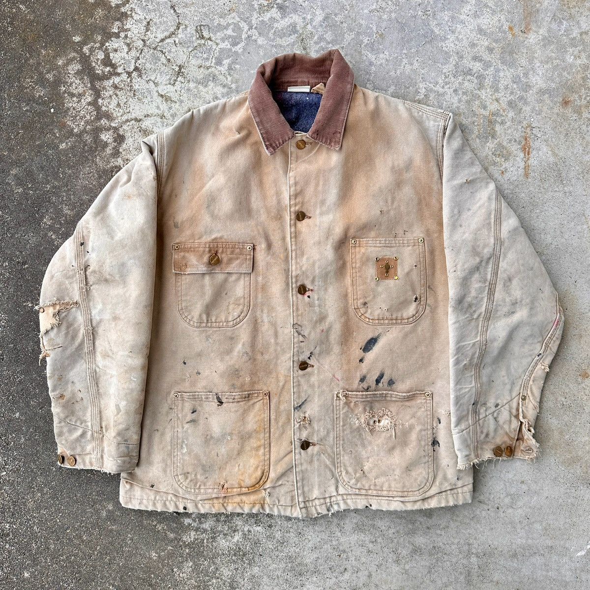 image of Carhartt x Made In USA Studded Gemstone Trashed Chore Coat Remake Patchwork Boro in Camel (Size Med