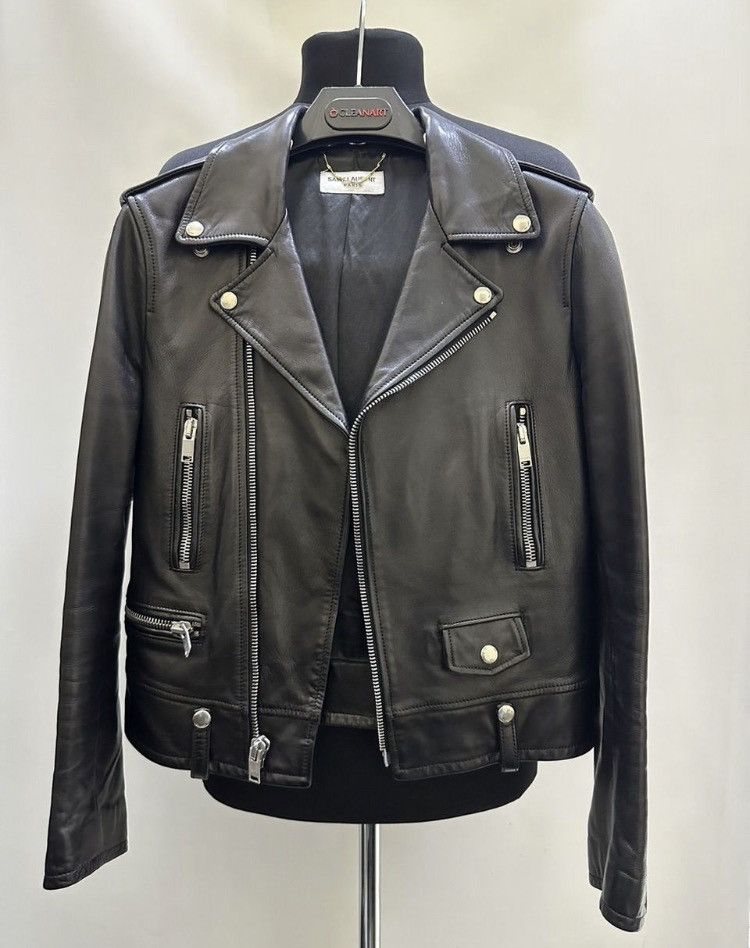 Image of Saint Laurent Paris Saint Laurent By Hedi Leather Biker Zip Up Pocket Jacket in Black (Size Small)