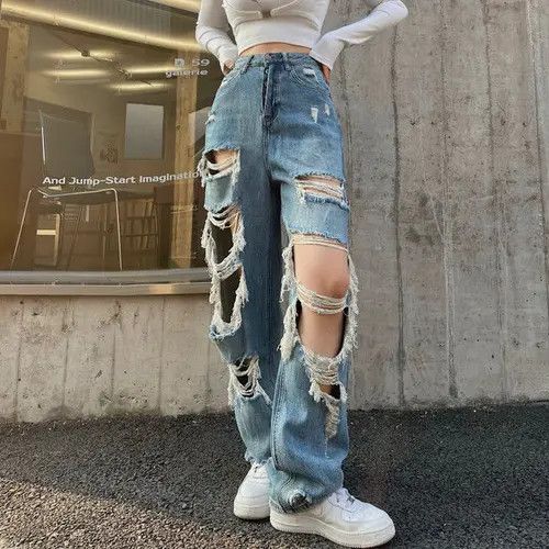 image of Summer Jeans Women Wide Leg Hole High Waist in Blue (Size 30)