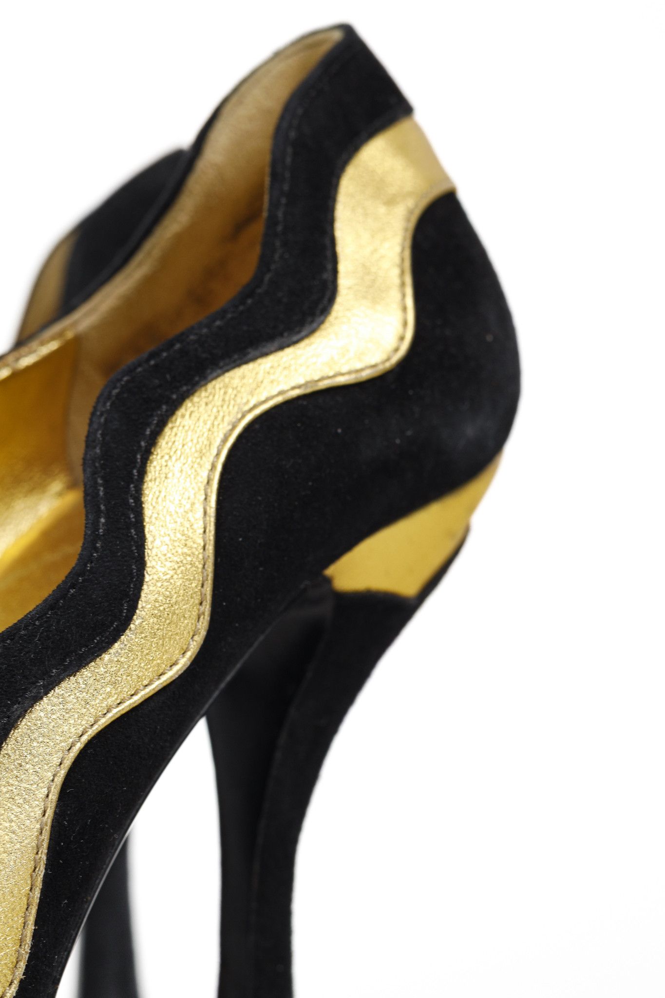 Prada Prada SS/08 Black & Gold Suede Wavy-Stripe Scalloped Heels Size US 6.5 / IT 36.5 - 8 Thumbnail
