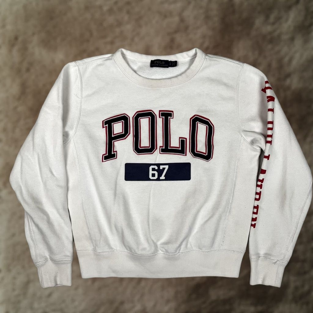Polo Ralph Lauren Polo Ralph Lauren Sweatshirt Womens Small White Fleece Crewneck Graphic Print 67 Polo 67 Graphic Print Logo Sleeve Size S / US 4 / IT 40 - 1 Thumbnail