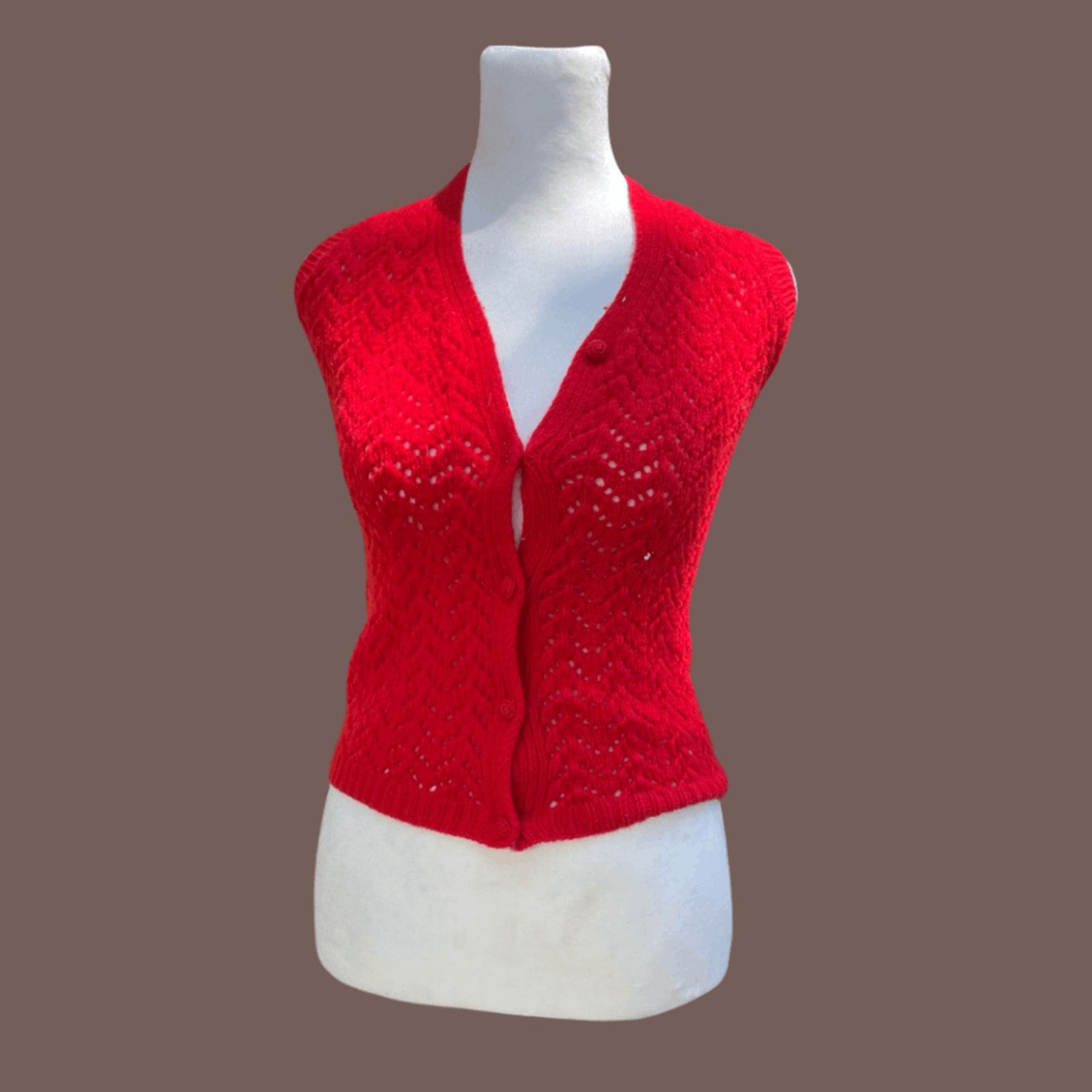 Handmade × Vintage VTG Sleeveless Knit Vest | Handmade Red Cotton 90s Boxy Fit Size XS / US 0-2 / IT 36-38 - 1 Thumbnail