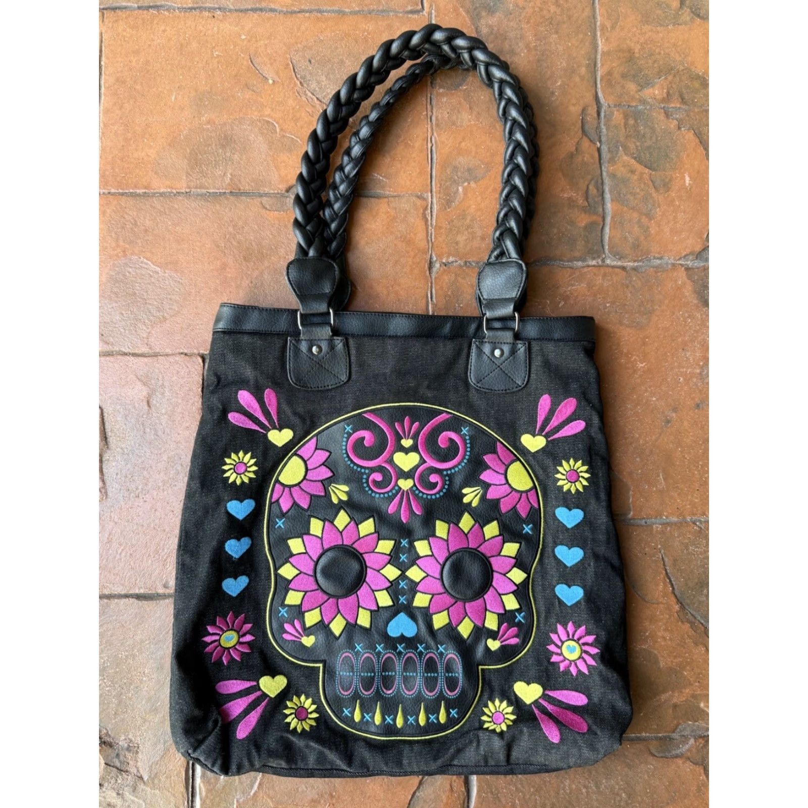 Vintage Loungefly Embroidered Sugar Skull Denim Faux Leather Tote Bag Vibrant Size ONE SIZE - 2 Thumbnail