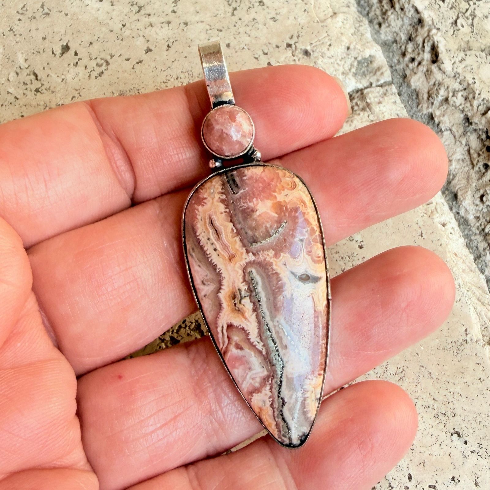 The Unbranded Brand Long Rhodochrosite Statement Pendant 925 Silver Overlay Size ONE SIZE - 2 Thumbnail